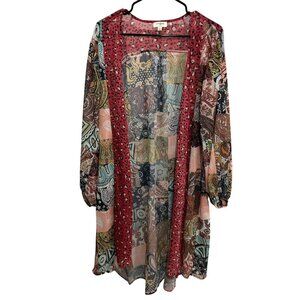 Umgee Womens Patchwork Sheer Open Front Kimono Cardigan With Leopard Print Trim
